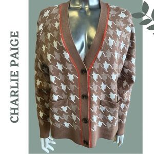 Charlie Paige Long Sleeve Button Up V-Neck Cardigan Brown Cream Orange Large
